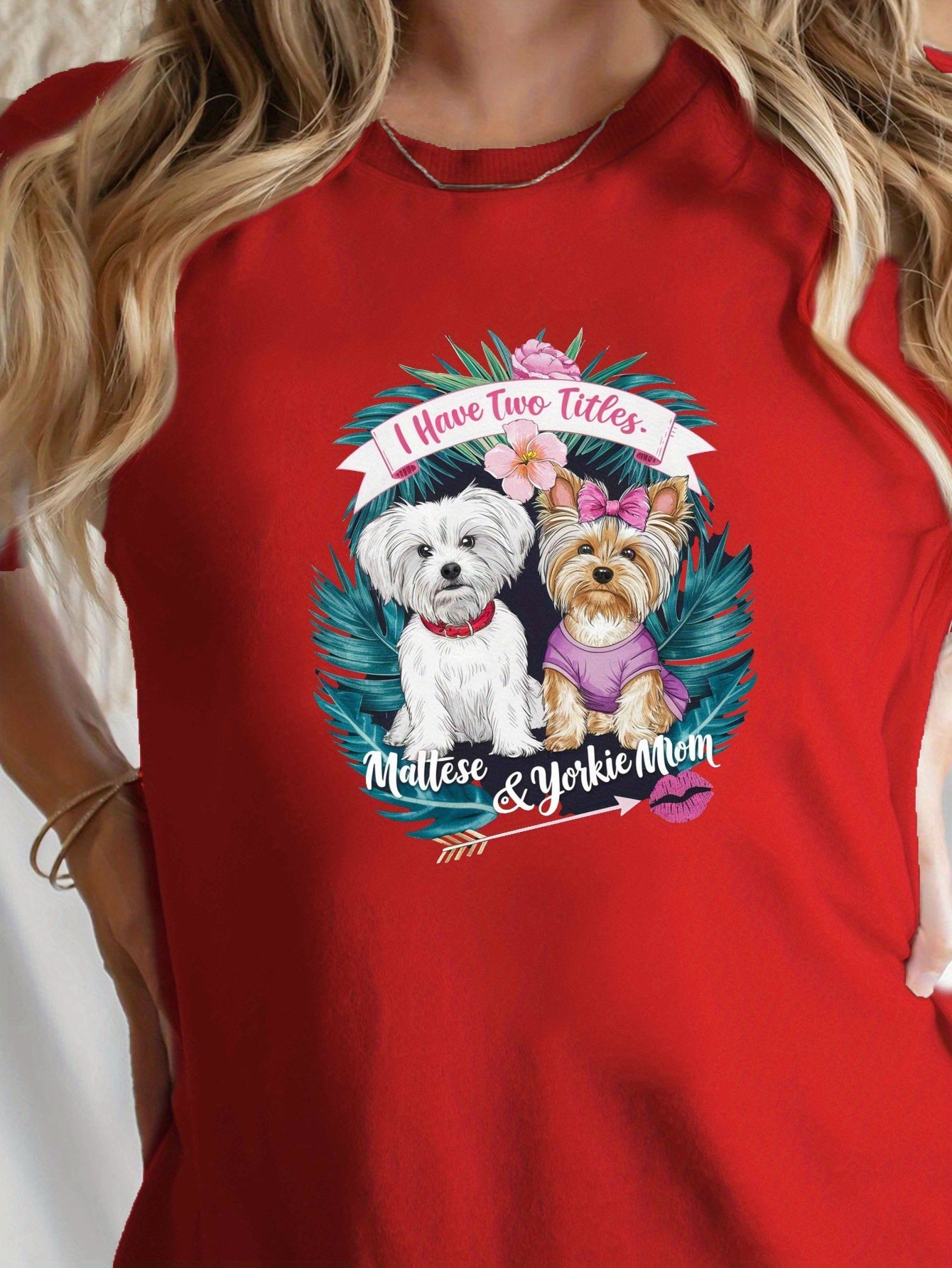 Women's Maltese & Yorkie "I Have Two Titles" T-Shirt - Comfort Fit, Short Sleeve, Round Neck, Casual Style, Machine Washable, Black with Colorful Dog Graphic