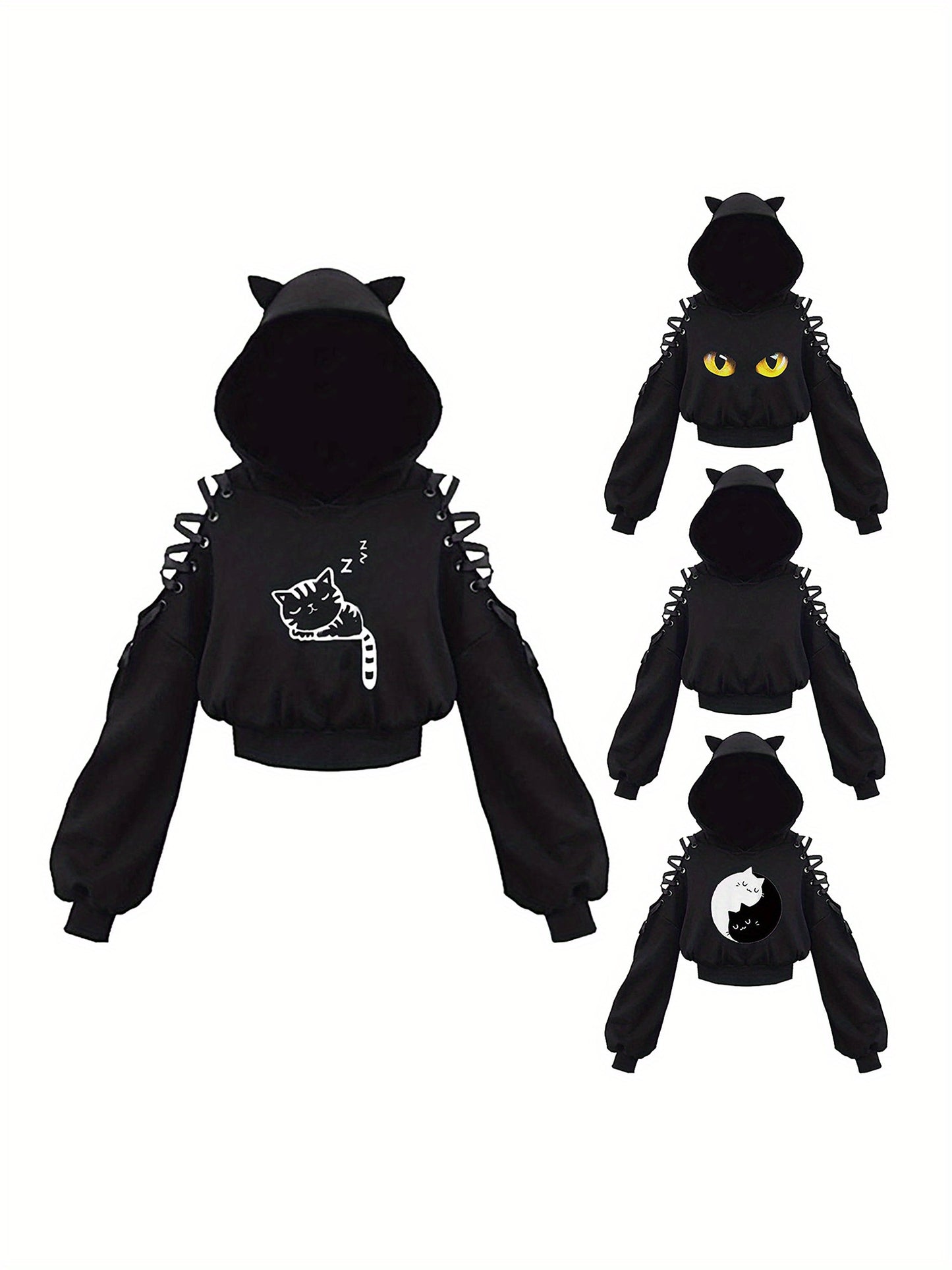 Women's Trendy Cartoon Print Hoodie - Casual Long Sleeve with Knot Detail, Crop Top Design, Machine Washable Polyester