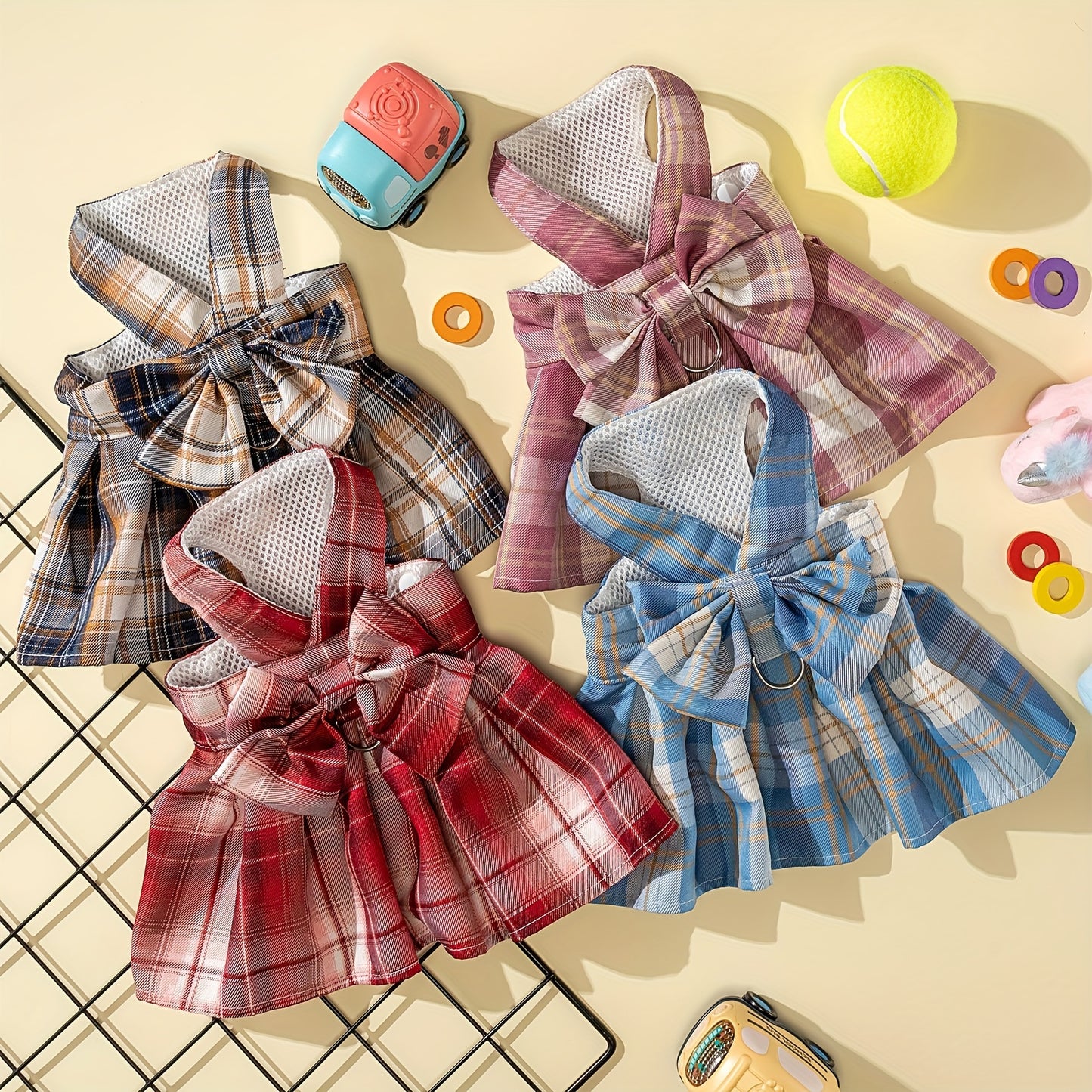 4pcs Plaid Dog Dress Bow Tie Harness Leash Set Harness Dress For Small Dogs Cute Dog Pet Girl Puppy Summer Clothes For Female Bunny Clothes Yorkie Chihuahua Training Walking (Dark Color, Xs)
