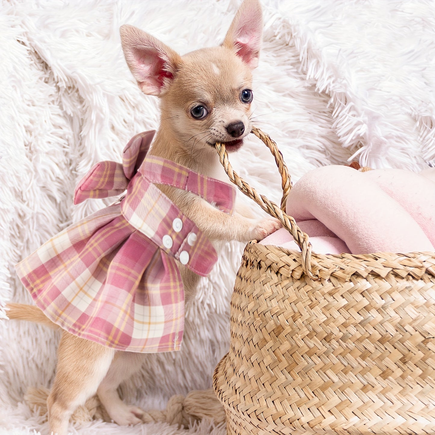 4pcs Plaid Dog Dress Bow Tie Harness Leash Set Harness Dress For Small Dogs Cute Dog Pet Girl Puppy Summer Clothes For Female Bunny Clothes Yorkie Chihuahua Training Walking (Dark Color, Xs)
