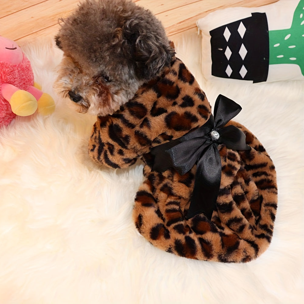 1pc, Leopard Print Dog Dress With Bow - Warm Winter Pet Apparel For Small Breeds - Perfect For Photoshoots & Special Events