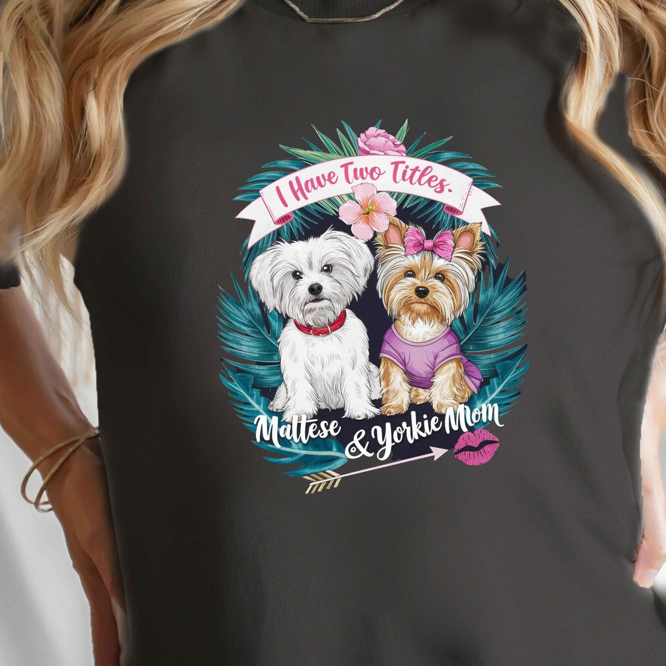 Women's Maltese & Yorkie "I Have Two Titles" T-Shirt - Comfort Fit, Short Sleeve, Round Neck, Casual Style, Machine Washable, Black with Colorful Dog Graphic