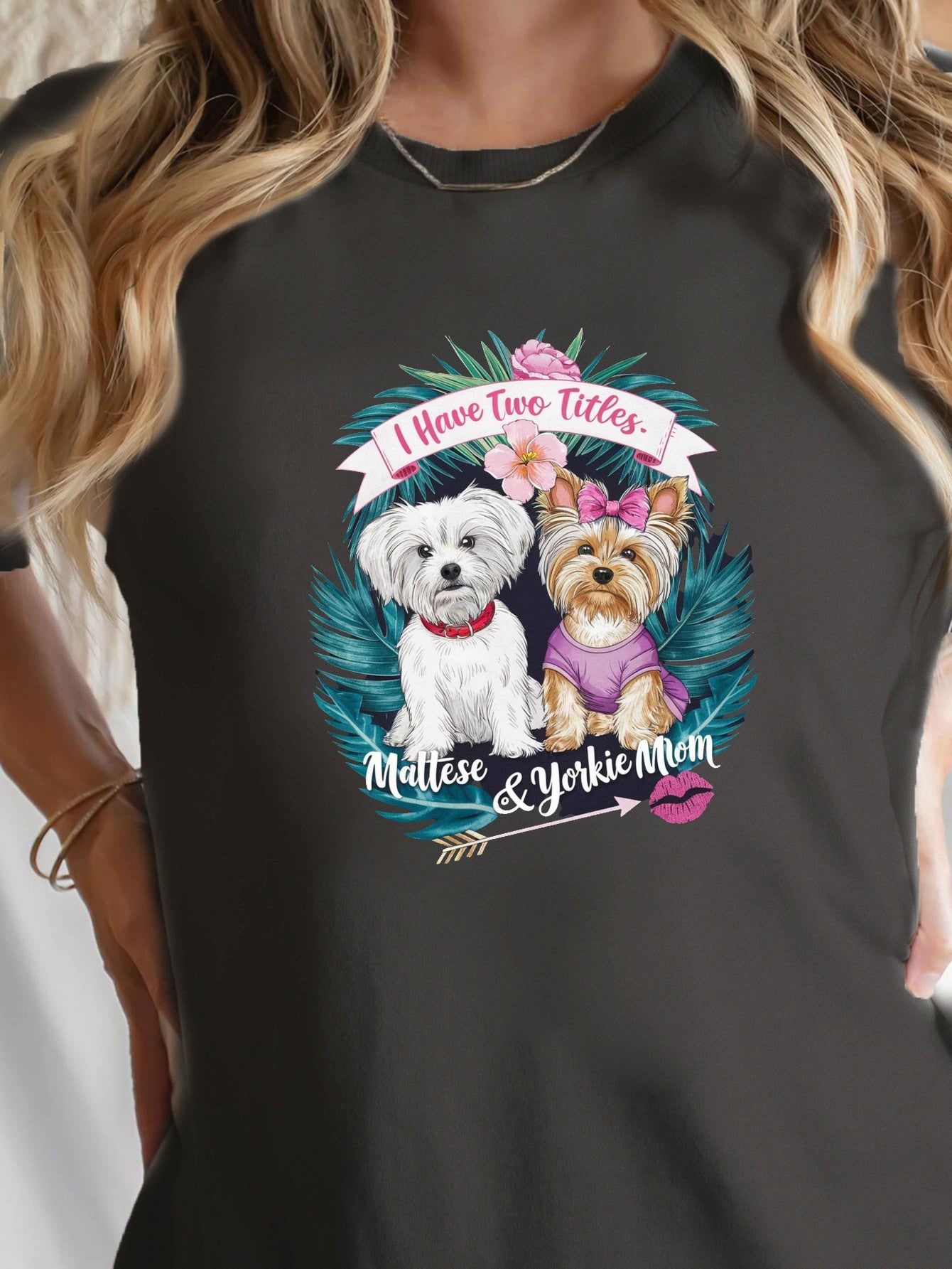 Women's Maltese & Yorkie "I Have Two Titles" T-Shirt - Comfort Fit, Short Sleeve, Round Neck, Casual Style, Machine Washable, Black with Colorful Dog Graphic