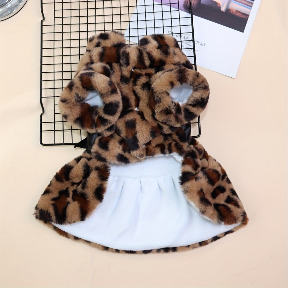 1pc, Leopard Print Dog Dress With Bow - Warm Winter Pet Apparel For Small Breeds - Perfect For Photoshoots & Special Events