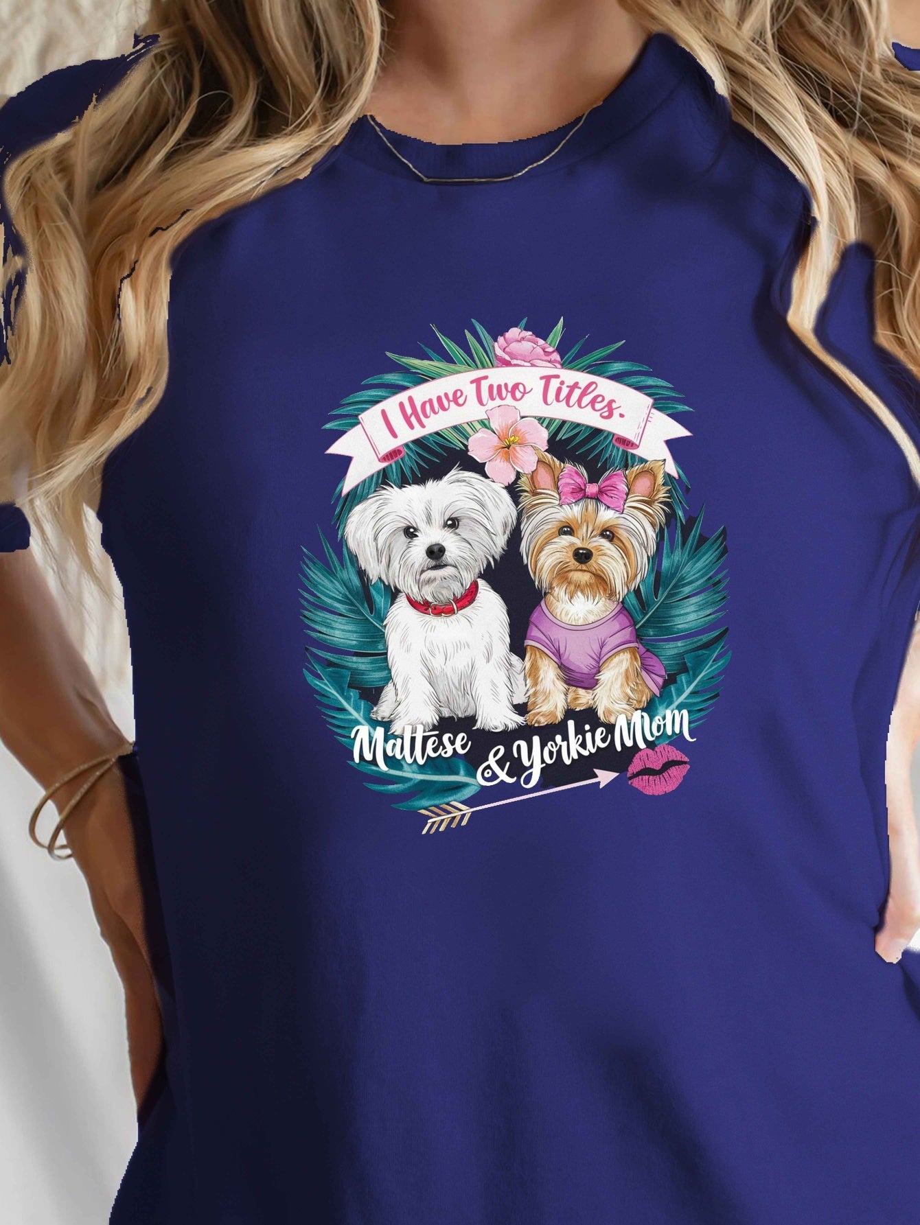 Women's Maltese & Yorkie "I Have Two Titles" T-Shirt - Comfort Fit, Short Sleeve, Round Neck, Casual Style, Machine Washable, Black with Colorful Dog Graphic