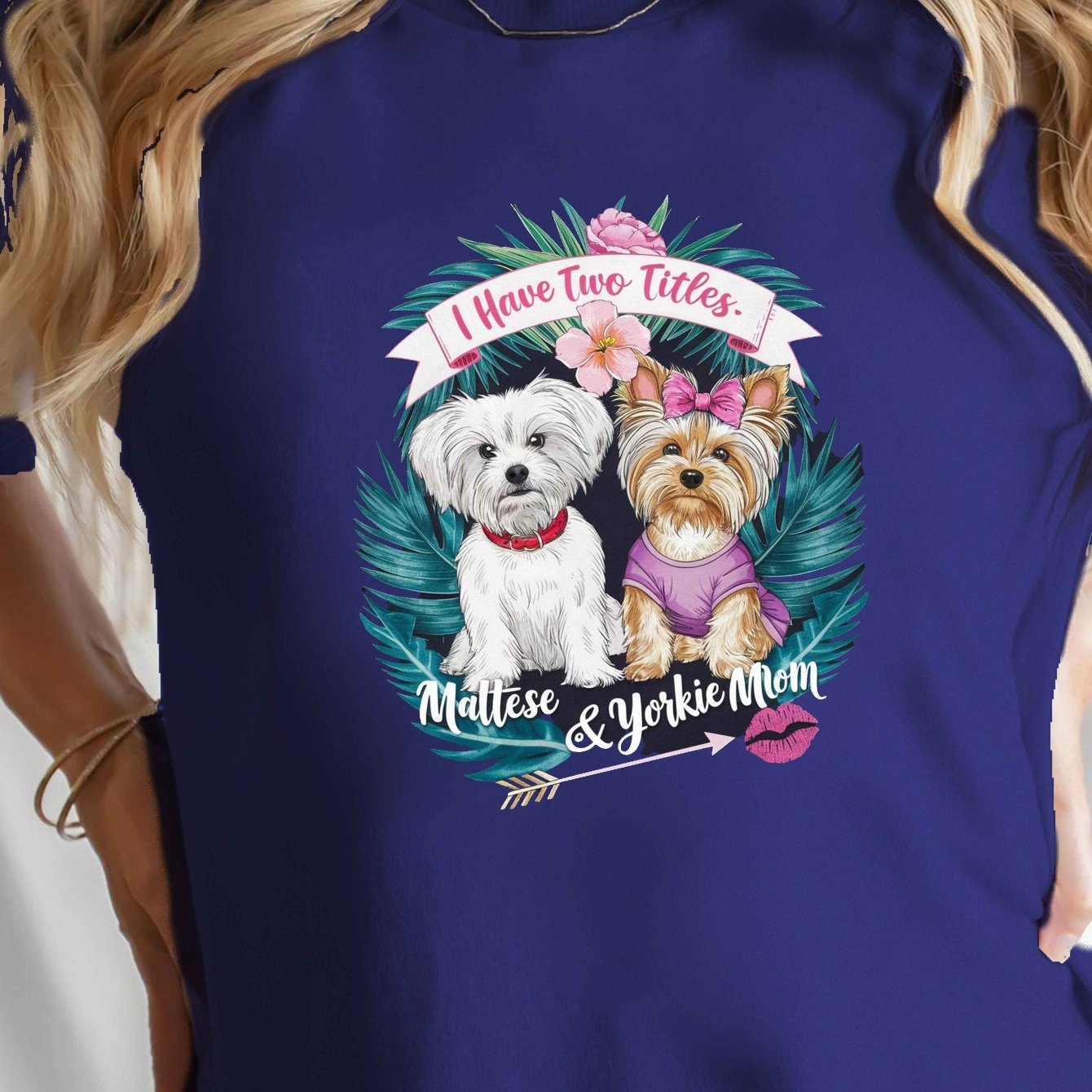 Women's Maltese & Yorkie "I Have Two Titles" T-Shirt - Comfort Fit, Short Sleeve, Round Neck, Casual Style, Machine Washable, Black with Colorful Dog Graphic