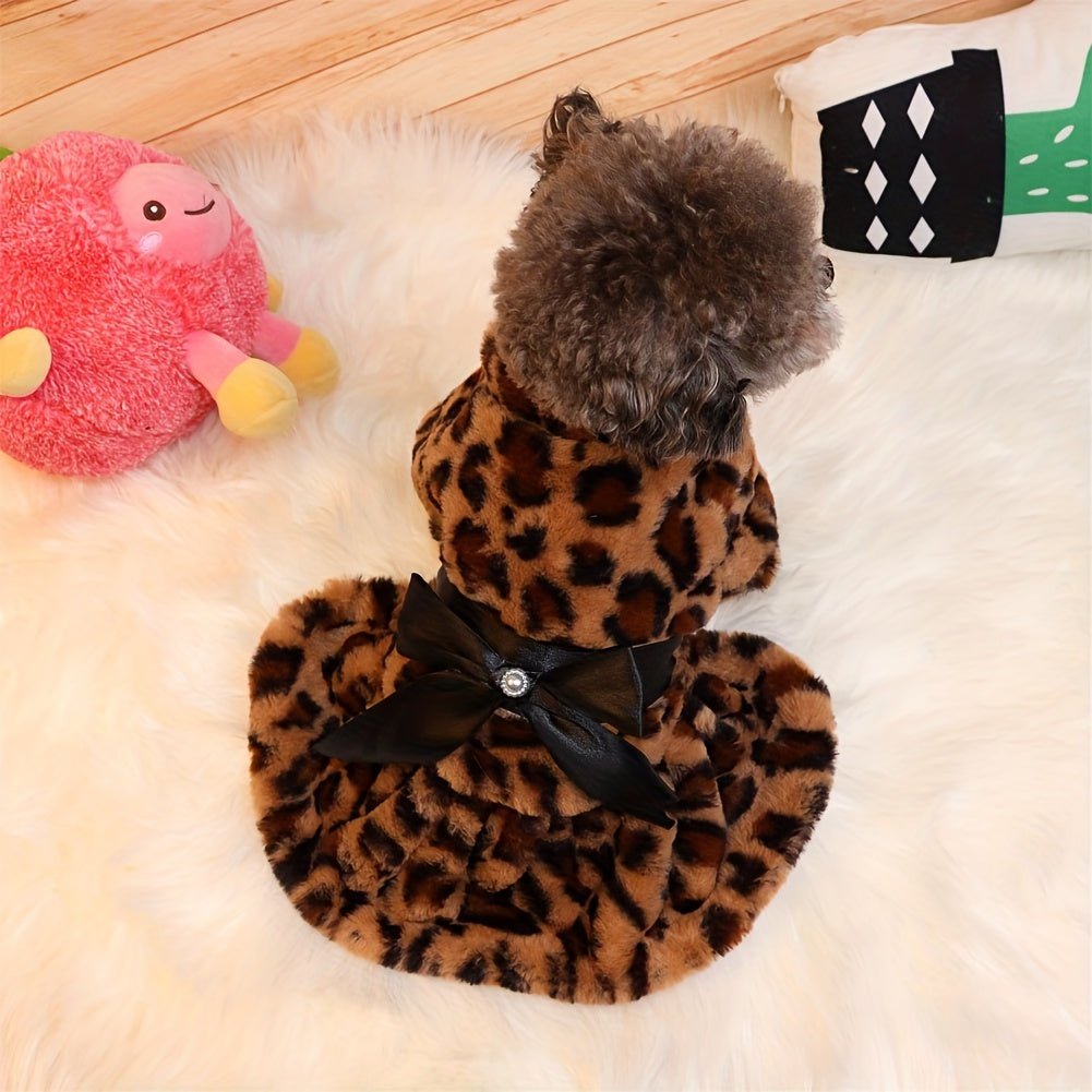 1pc, Leopard Print Dog Dress With Bow - Warm Winter Pet Apparel For Small Breeds - Perfect For Photoshoots & Special Events
