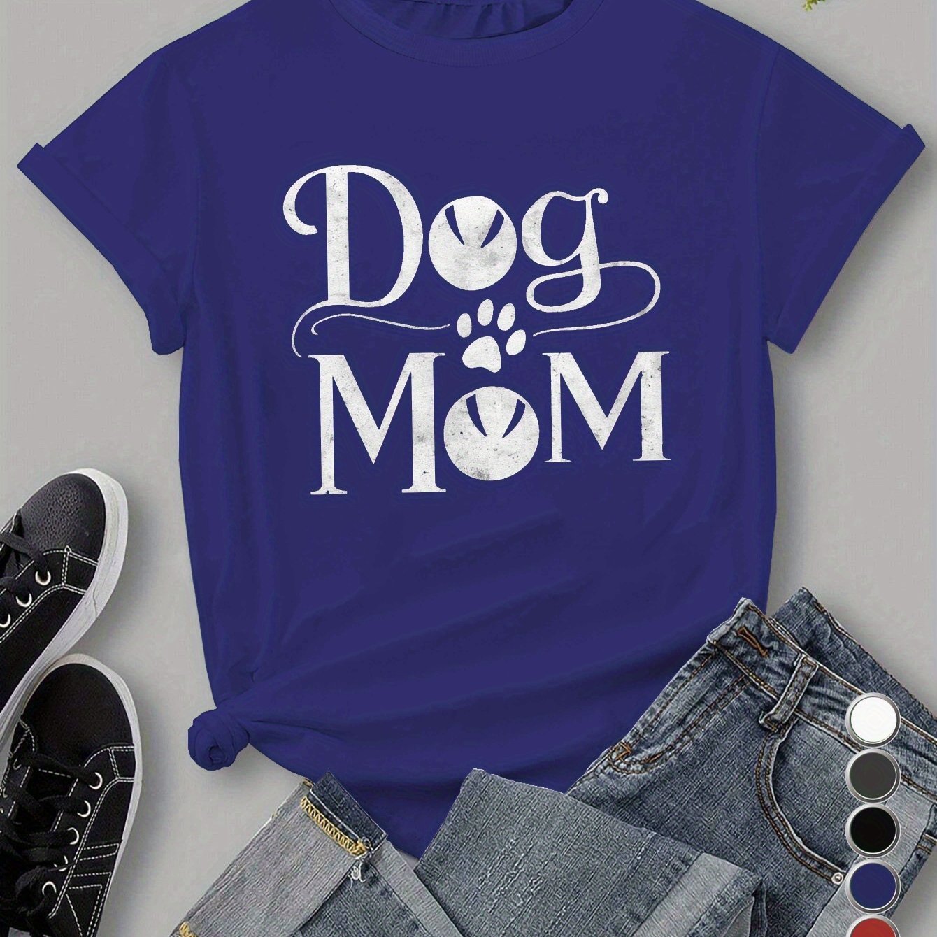 1pc Women's Casual Crew Neck T-Shirt, 100% Knit Fabric, Geometric Dog Mom Print, Short Sleeve, Regular Length, All-Season Comfort Fit