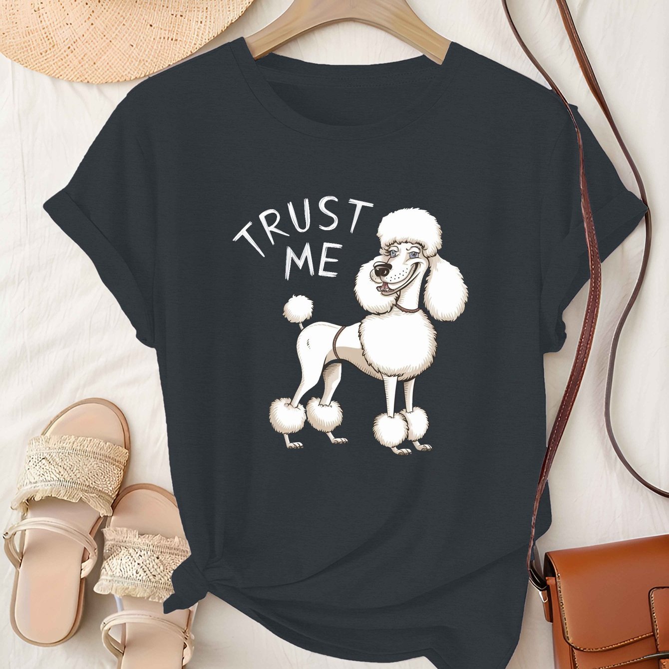 Trust Me" Poodle Graphic Women's T-Shirt - Comfy Polyester, Short Sleeve, Round Neck in Light Gray - Casual Summer Tee with Adorable Dog Design, Comfit T-shirt