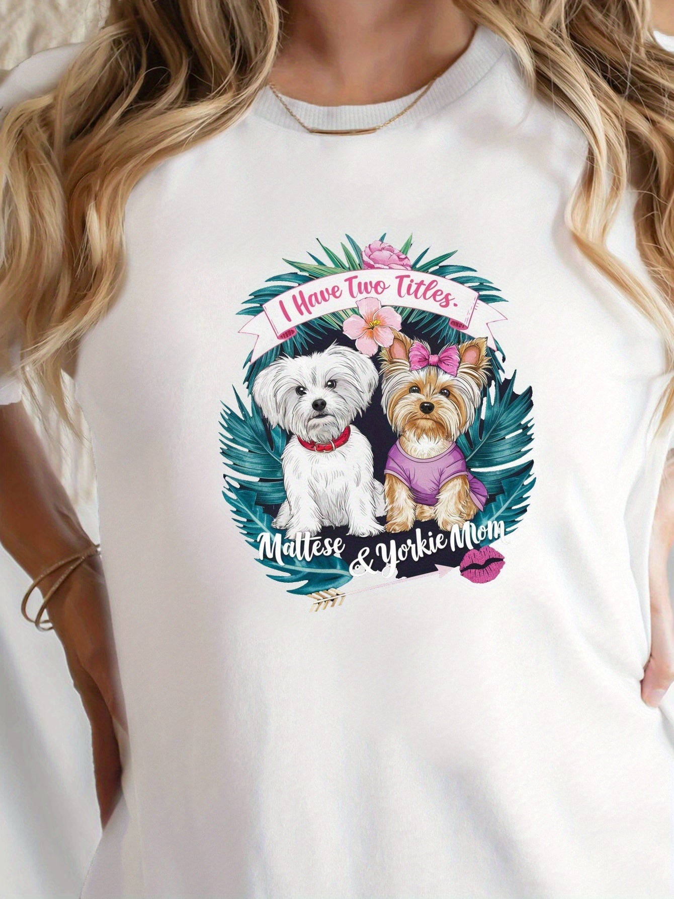 Women's Maltese & Yorkie "I Have Two Titles" T-Shirt - Comfort Fit, Short Sleeve, Round Neck, Casual Style, Machine Washable, Black with Colorful Dog Graphic