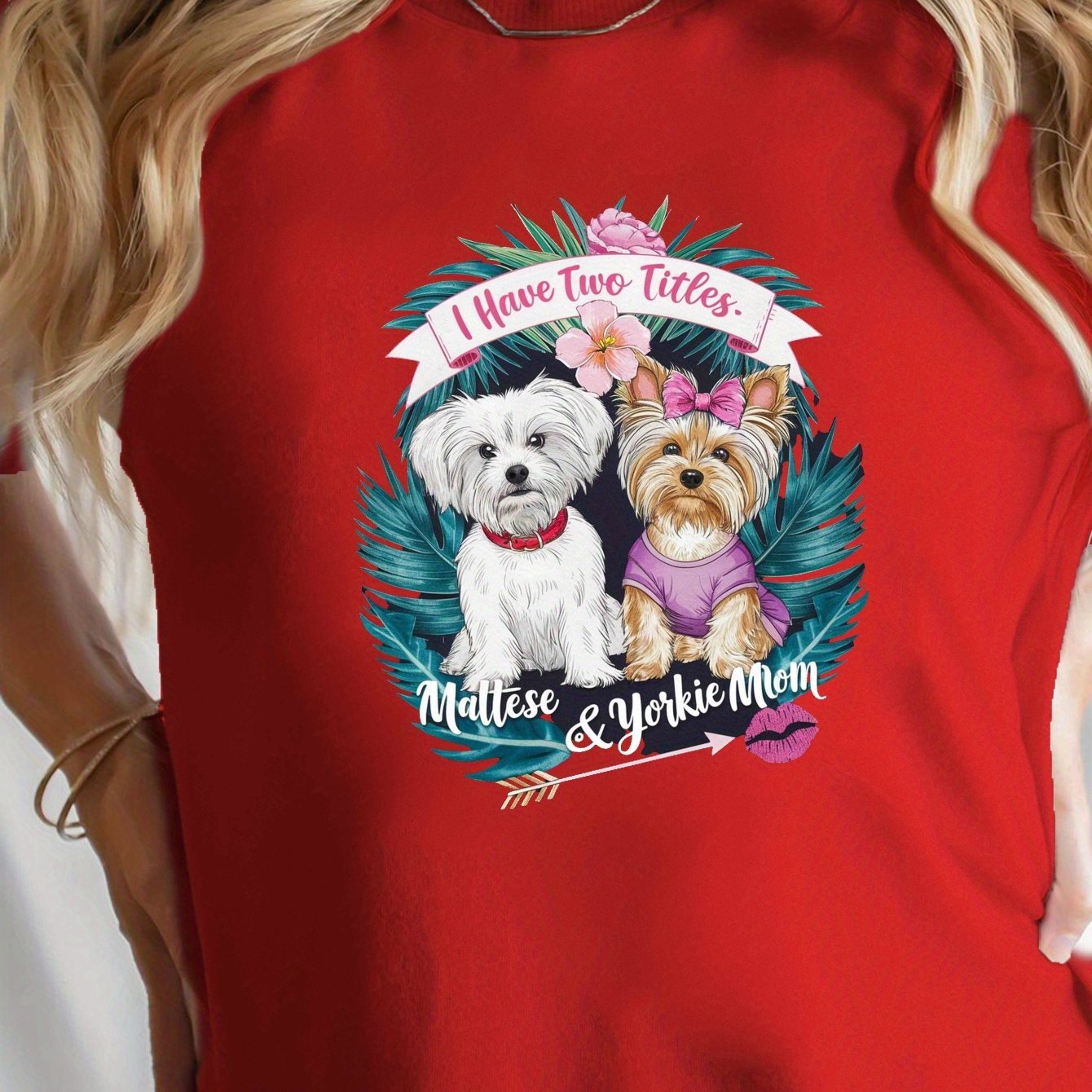 Women's Maltese & Yorkie "I Have Two Titles" T-Shirt - Comfort Fit, Short Sleeve, Round Neck, Casual Style, Machine Washable, Black with Colorful Dog Graphic