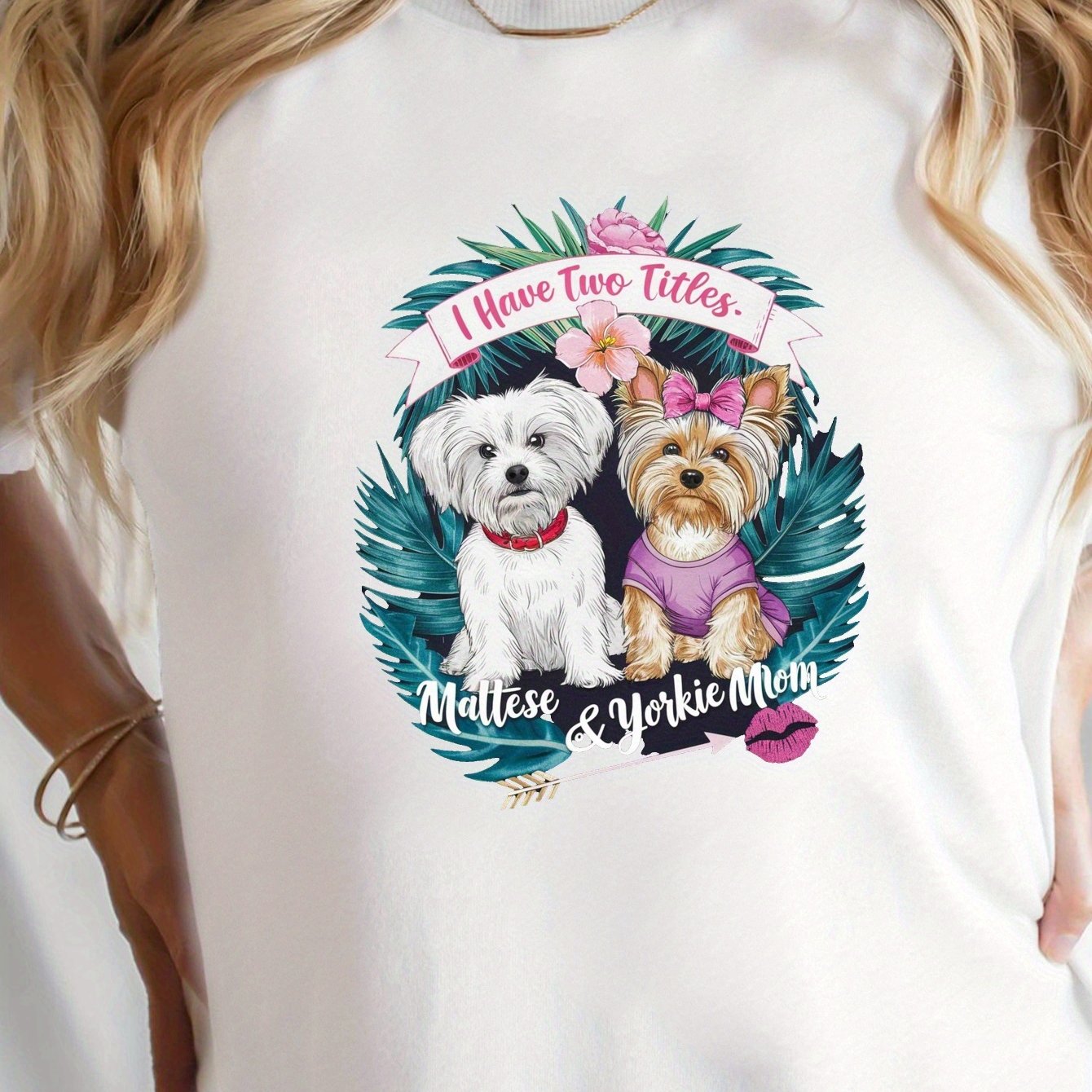 Women's Maltese & Yorkie "I Have Two Titles" T-Shirt - Comfort Fit, Short Sleeve, Round Neck, Casual Style, Machine Washable, Black with Colorful Dog Graphic