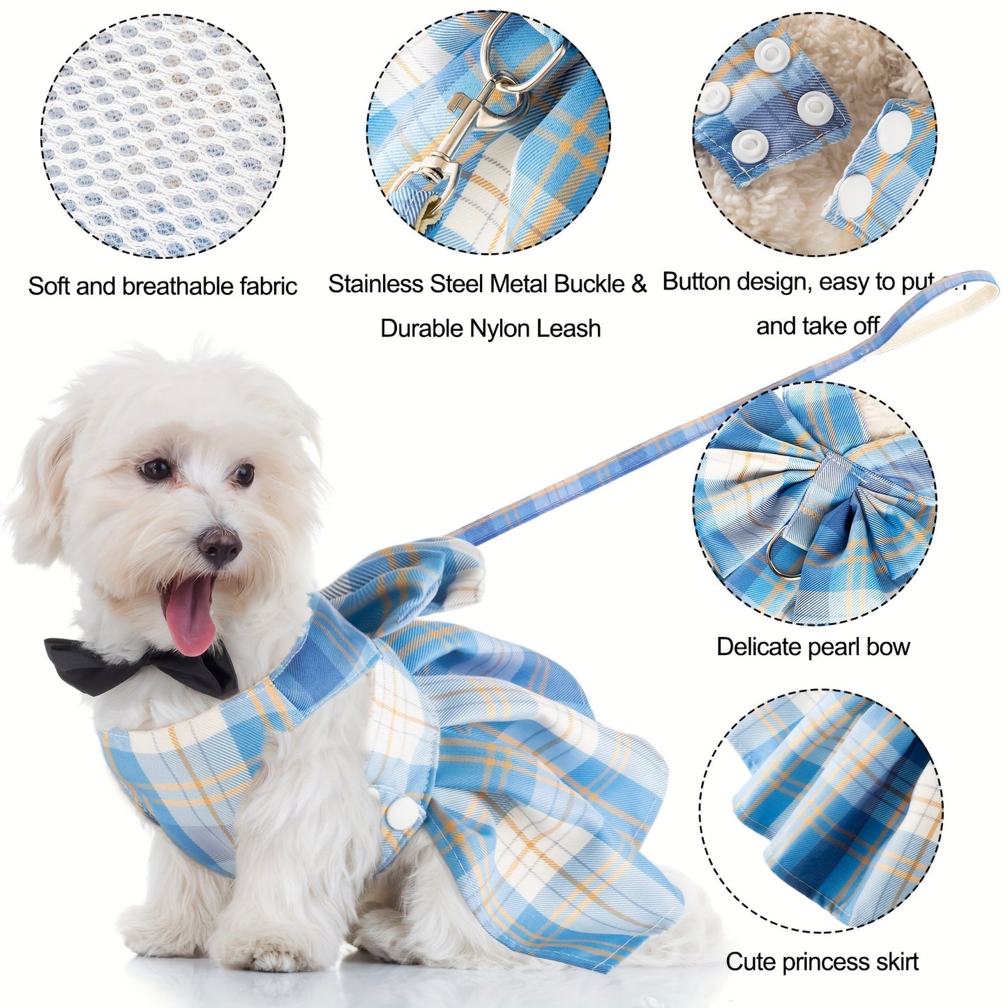 4pcs Plaid Dog Dress Bow Tie Harness Leash Set Harness Dress For Small Dogs Cute Dog Pet Girl Puppy Summer Clothes For Female Bunny Clothes Yorkie Chihuahua Training Walking (Dark Color, Xs)