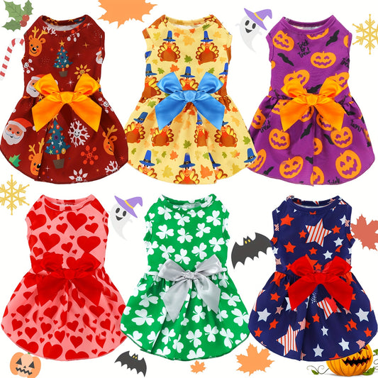 6pcs Festive Polyester Dog Dresses with Bows - Cartoon Themed Pullover Pet Costumes for Small Breeds, Woven Fabric, Holiday & Birthday Outfits, Dog Costume