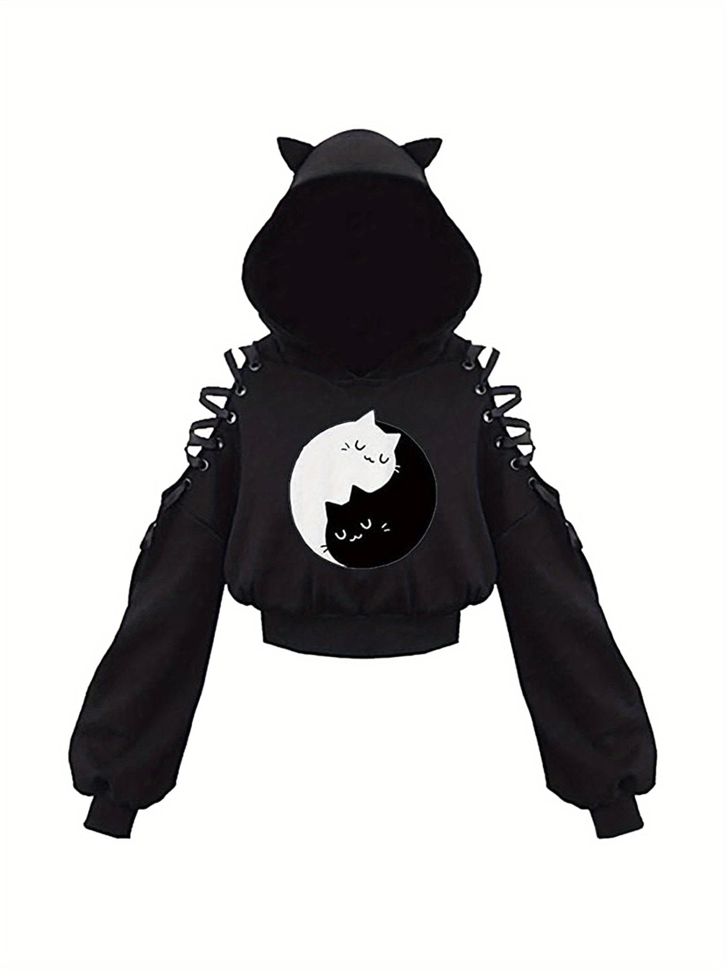 Women's Trendy Cartoon Print Hoodie - Casual Long Sleeve with Knot Detail, Crop Top Design, Machine Washable Polyester
