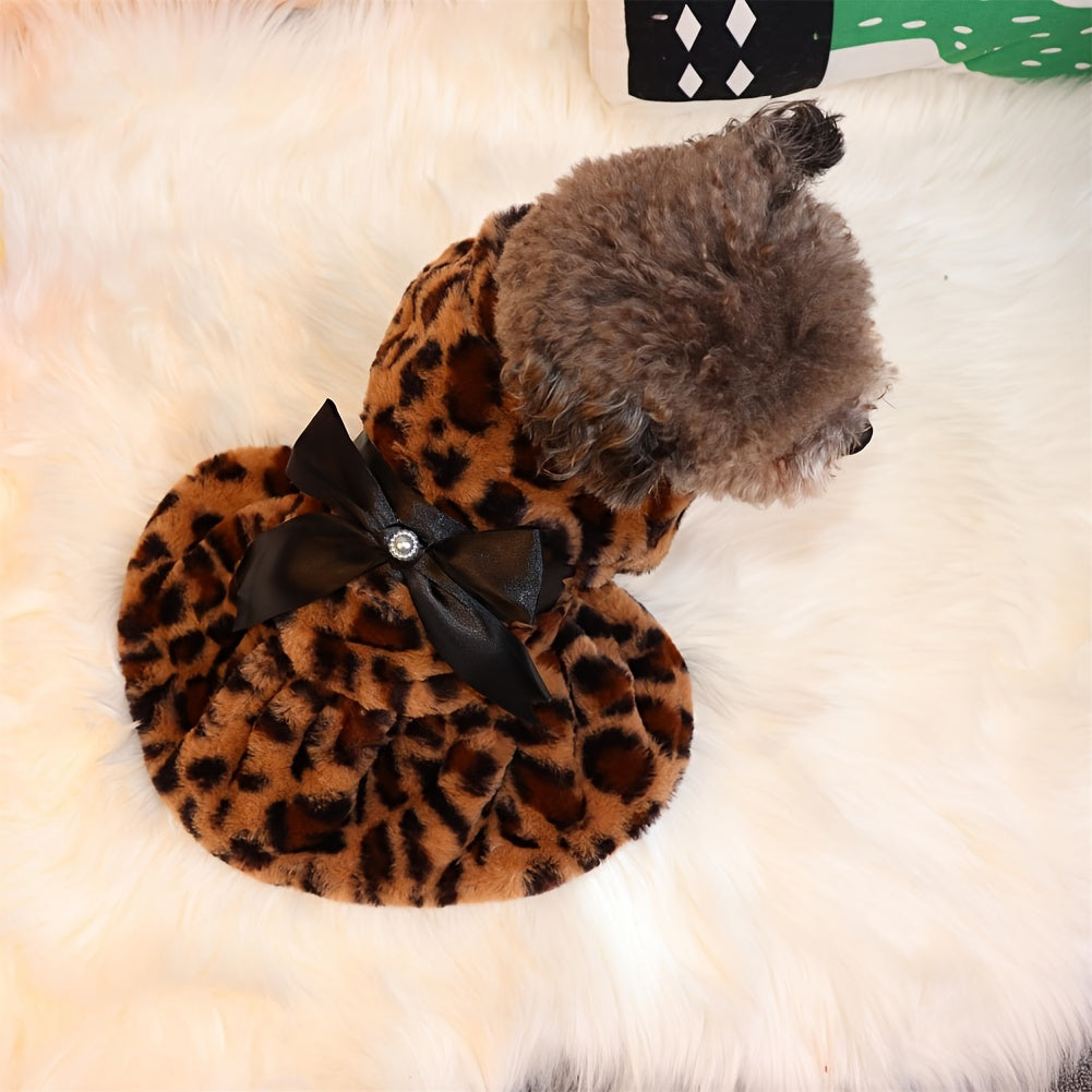 1pc, Leopard Print Dog Dress With Bow - Warm Winter Pet Apparel For Small Breeds - Perfect For Photoshoots & Special Events