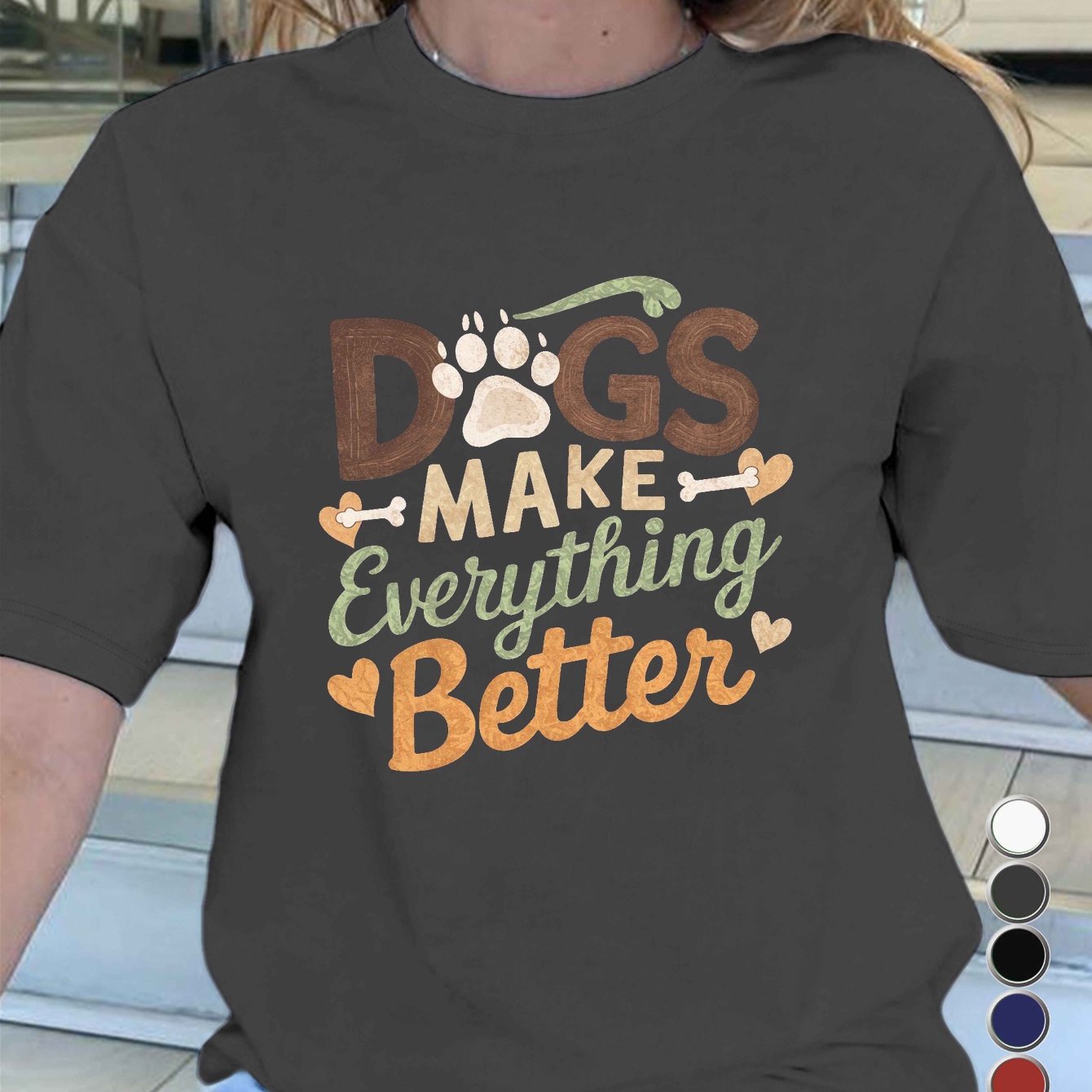 Women's Paw Print Dog Lover T-Shirt - 'Dogs Make Everything Better' Pure, Comfort Fit, Short Sleeve, Round Neck