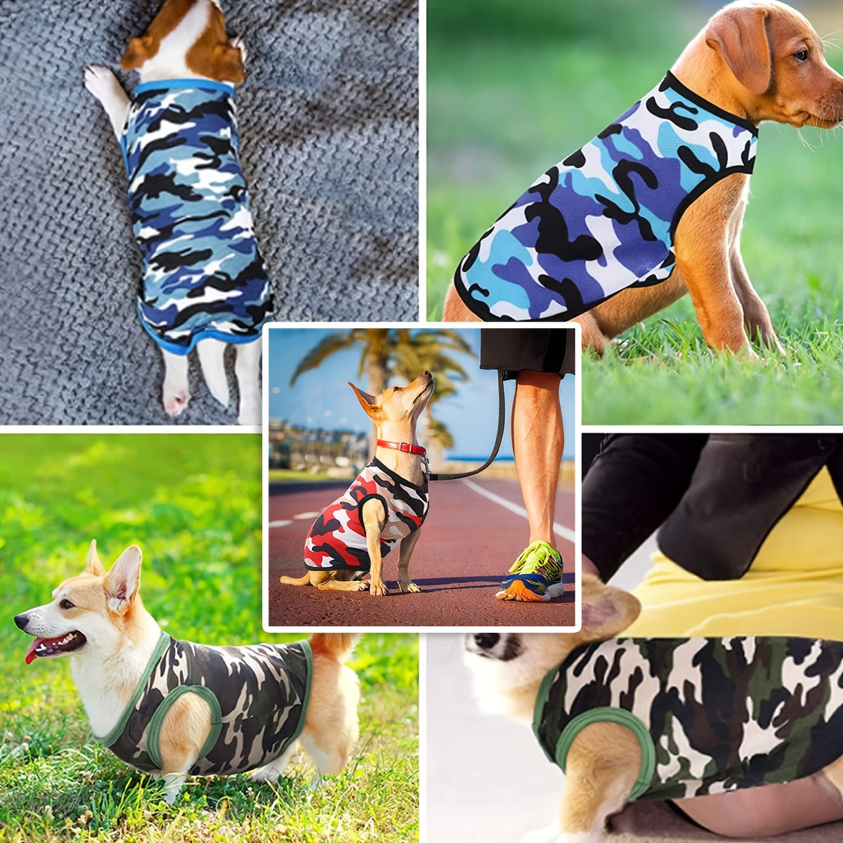 6pcs Breathable Mesh Dog Vests - Camo Print, Summer Pet T-Shirts for Small to Medium Breeds, Machine Washable