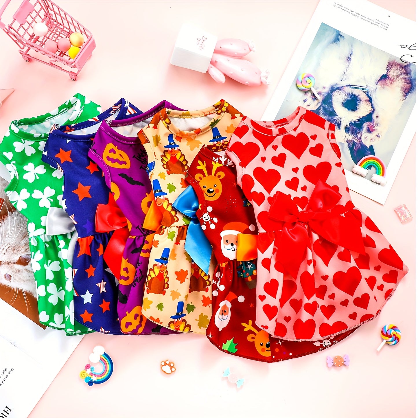 6pcs Festive Polyester Dog Dresses with Bows - Cartoon Themed Pullover Pet Costumes for Small Breeds, Woven Fabric, Holiday & Birthday Outfits, Dog Costume