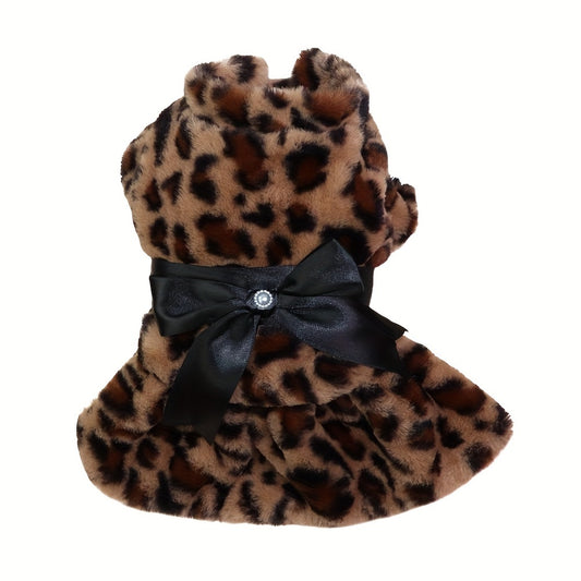 1pc, Leopard Print Dog Dress With Bow - Warm Winter Pet Apparel For Small Breeds - Perfect For Photoshoots & Special Events