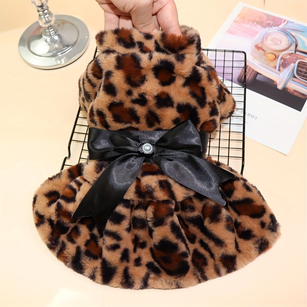 1pc, Leopard Print Dog Dress With Bow - Warm Winter Pet Apparel For Small Breeds - Perfect For Photoshoots & Special Events