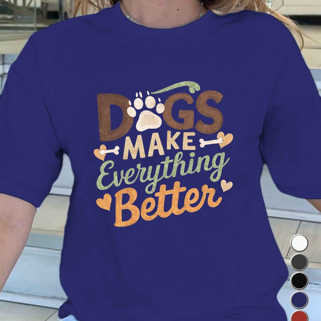 Women's Paw Print Dog Lover T-Shirt - 'Dogs Make Everything Better' Pure, Comfort Fit, Short Sleeve, Round Neck