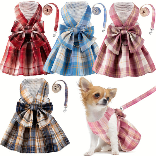 4pcs Plaid Dog Dress Bow Tie Harness Leash Set Harness Dress For Small Dogs Cute Dog Pet Girl Puppy Summer Clothes For Female Bunny Clothes Yorkie Chihuahua Training Walking (Dark Color, Xs)